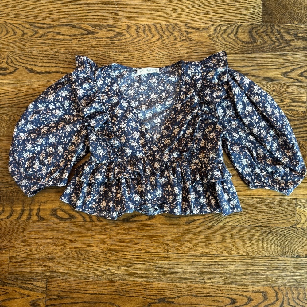 Pants Store Cropped Floral Ruffle Peplum Top | Blue | Size M